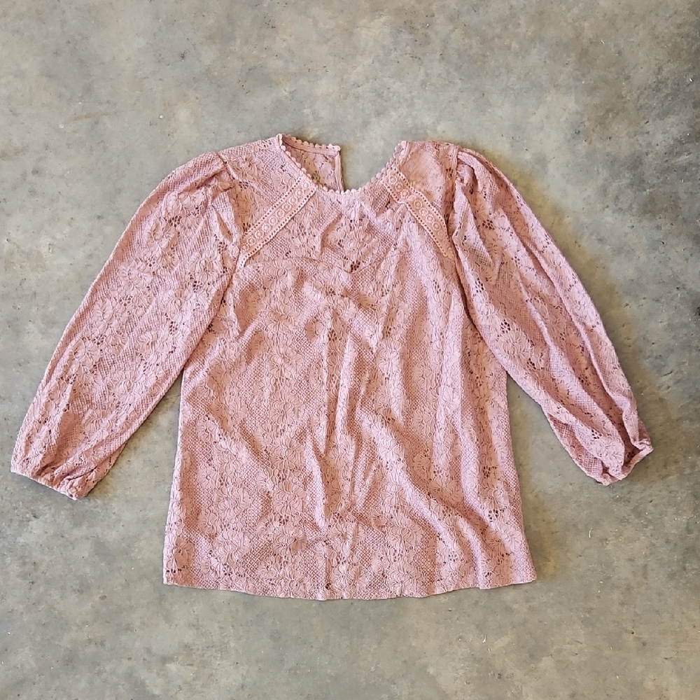 Cable & Gauge Pink Ruffled 3/4 Sleeve Blouse